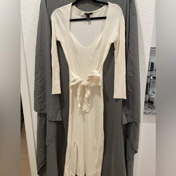 Forever 21 Tie-Waist Sweater Dress Ribbed Slit BodyCon Long Sleeved Cream M - Picture 3 of 10